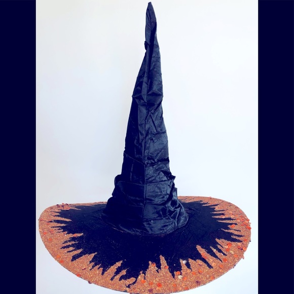 witch hat Black leaf crown glimmering orange tone brim top/under 18" high 1 of - Picture 10 of 16